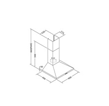 Technische Zeichnung einer Dunstabzugshaube mit Maßangaben