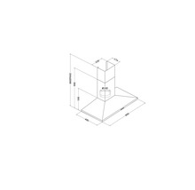 Technische Zeichnung einer Dunstabzugshaube mit Massangaben
