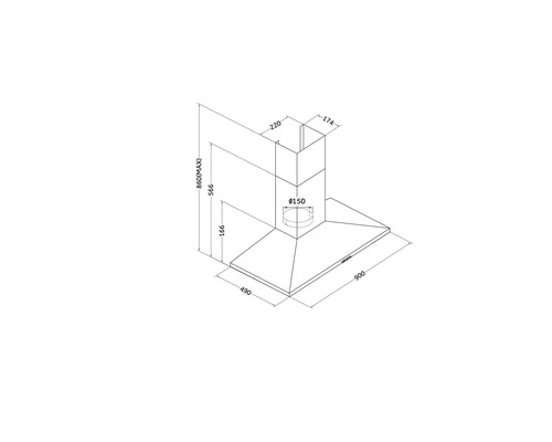 Technische Zeichnung einer Dunstabzugshaube mit Massangaben