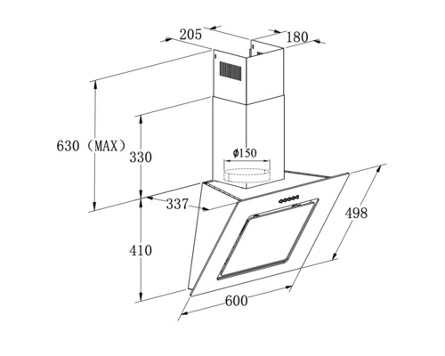 Technische Zeichnung einer Dunstabzugshaube mit Maßangaben