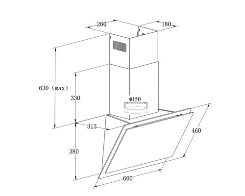 Technische Zeichnung einer Dunstabzugshaube mit Massangaben