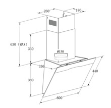 Technische Zeichnung einer Dunstabzugshaube mit Massangaben