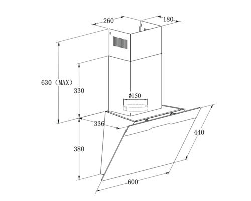 Technische Zeichnung einer Dunstabzugshaube mit Massangaben