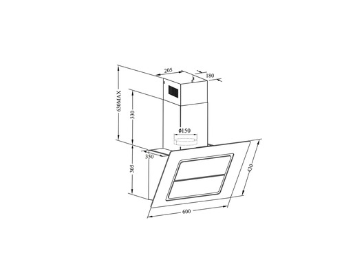 Technische Zeichnung einer Dunstabzugshaube mit Massangaben