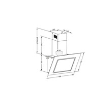 Technische Zeichnung einer Dunstabzugshaube mit Maßangaben