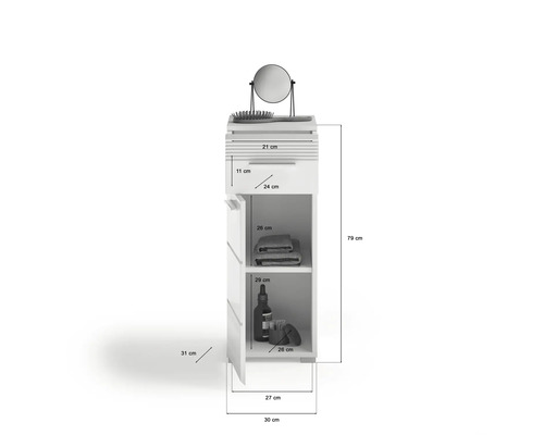 Badezimmerschrank mit Spiegel, Bürste, Handtüchern und Kosmetikartikeln