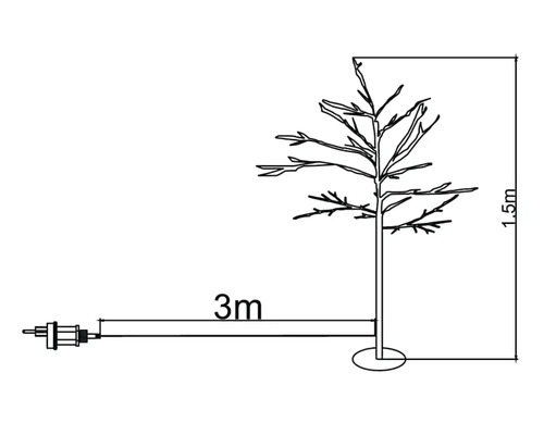 Schéma d'un arbre de Noël indiquant la hauteur et la longueur du câble