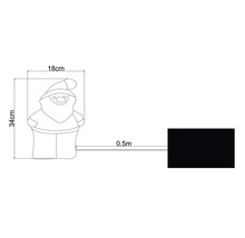 Zeichnung einer Weihnachtsmannfigur mit Maßangaben: 34 cm Höhe, 18 cm Breite und 0,5 Meter Zuleitung