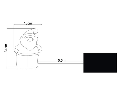 Zeichnung einer Weihnachtsmannfigur mit Maßangaben: 34 cm Höhe, 18 cm Breite und 0,5 Meter Zuleitung