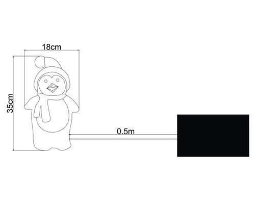 Abmessungen einer Pinguinleuchte: 35 cm Höhe, 18 cm Breite, 0,5 Meter Zuleitung