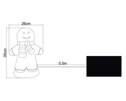 Illustration eines Lebkuchenmanns mit den Massen 26 mal 35 Zentimeter und einer Zuleitung von 0,5 Meter Länge
