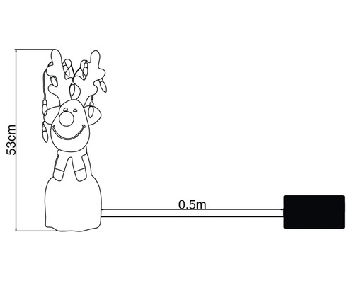Skizze einer 53 Zentimeter großen Rentierfigur mit Lichterkette und 0,5 Meter Zuleitung