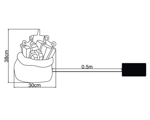 Dessin d'un sac de Père Noël avec des cadeaux et des dimensions : 38 centimètres de haut, 30 centimètres de large, longueur de câble de 0,5 mètre.