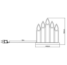 Schéma technique d'une guirlande lumineuse avec cinq bougies, largeur 44 cm et hauteur 52 cm, avec un câble de cinq mètres.