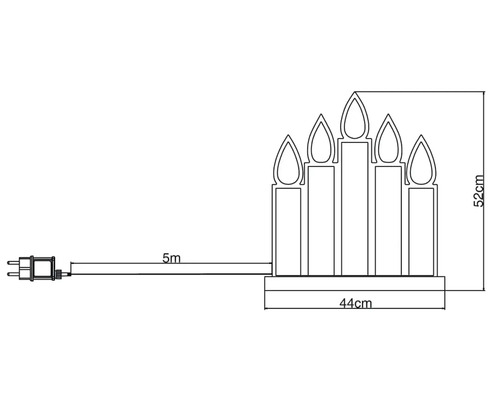 Schéma technique d'une guirlande lumineuse avec cinq bougies, largeur 44 cm et hauteur 52 cm, avec un câble de cinq mètres.