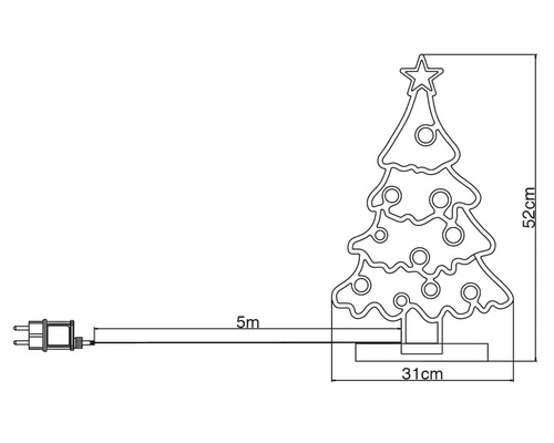 Dessin d'un arbre de Noël de 52 centimètres de haut avec un câble d'alimentation de 5 mètres de long et une prise
