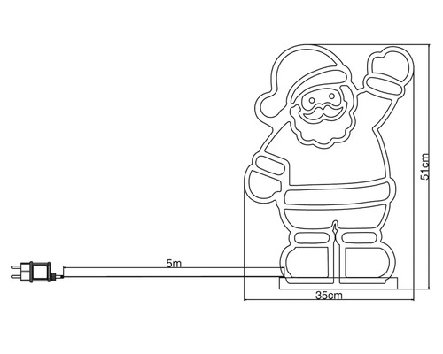 Dimensions de la figurine lumineuse du Père Noël : 51 cm de haut et 35 cm de large, longueur du câble 5 mètres