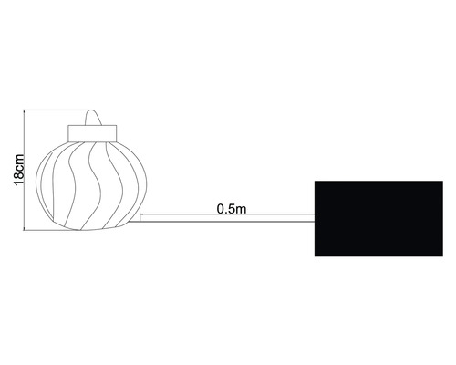 Technische Zeichnung einer 18 Zentimeter grossen Weihnachtskugel mit einem Abstand von 0,5 Metern zu einer Anschlussdose