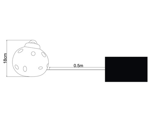 Darstellung einer Christbaumkugel mit einer Größe von 18 Zentimeter und einer Entfernung von 0,5 Meter zu einem schwarzen Objekt