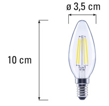 Dimensions d'une ampoule LED en forme de bougie avec culot E14, 10 cm de long et 3,5 cm de diamètre