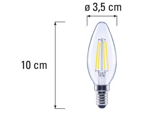 Dimensions d'une ampoule LED en forme de bougie avec culot E14, 10 cm de long et 3,5 cm de diamètre