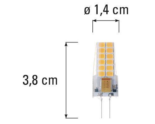 Ampoule LED G4 avec des dimensions de 3,8 cm de long et 1,4 cm de diamètre