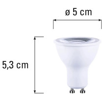 Ampoule GU10 avec des dimensions de 5,3 cm de hauteur et 5 cm de diamètre