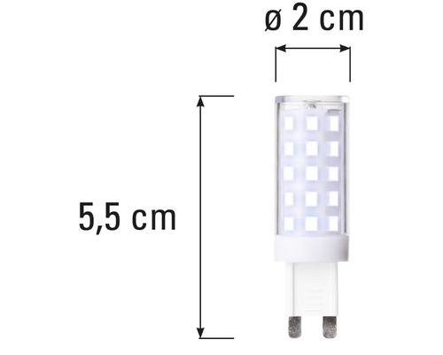 Abbildung einer G9 LED Leuchte mit den Maßen 5,5 cm Länge und 2 cm Durchmesser.