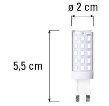 Lampe LED G9 avec des dimensions de 5,5 cm de longueur et 2 cm de diamètre