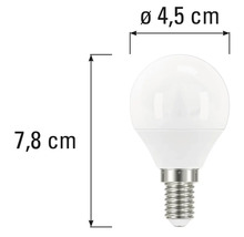 Lampe LED E14 avec des dimensions de 4,5 cm de diamètre et 7,8 cm de hauteur