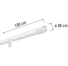Image d'un tube LED de 120 cm de long et 28 cm de large.