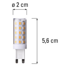 G4 Leuchtmittel mit den Maßen Durchmesser zwei Zentimeter und Länge fünfeinhalb Zentimeter.