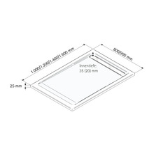 Technische Zeichnung einer Duschwanne mit den Maßen 800/900 mm, 1000/1200/1400/1600 mm und einer Innentiefe von 35 (20) mm