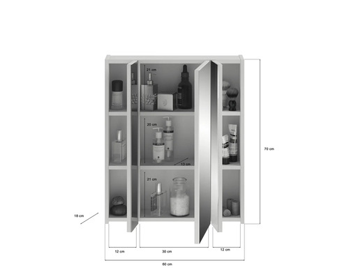 Abmessungen eines Spiegelschranks mit drei Türen und mehreren Regalen