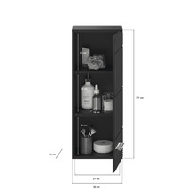 Armoire de salle de bain suspendue sombre avec compartiments ouverts et dimensions
