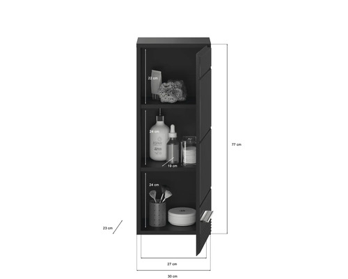 Armoire de salle de bain suspendue sombre avec compartiments ouverts et dimensions