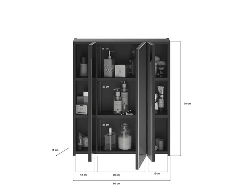 Badezimmerschrank mit Spiegel und Abmessungen.
