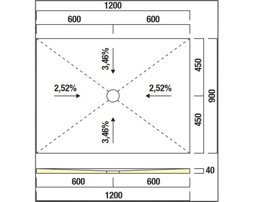 Schéma technique d'un receveur de douche avec dimensions et indications de pente
