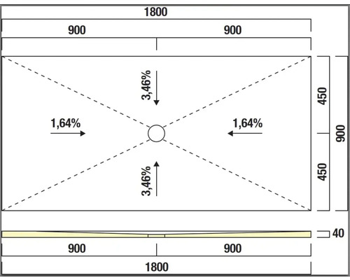 Dessin technique d'un receveur de douche avec indication des dimensions