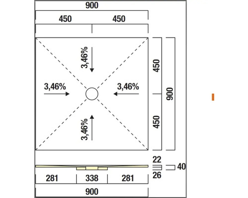 Technische Zeichnung einer Duschwanne mit Abmessungen