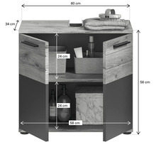 Waschtischunterschrank mit zwei Türen, zwei Ablagen und Maßangaben