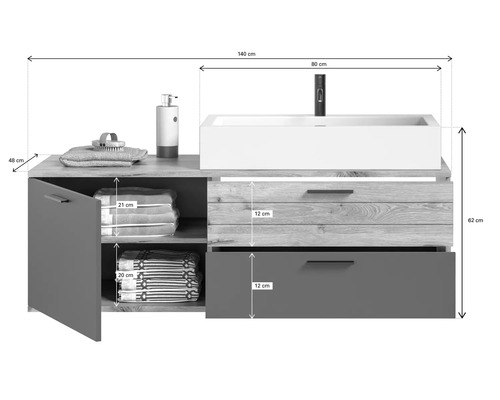 Meuble sous-lavabo avec tiroirs, compartiment d'armoire et dimensions
