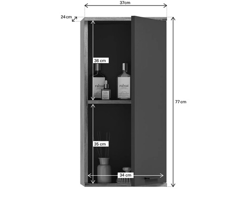 Dimensions d'un meuble de salle de bains avec une porte, deux étagères et des objets placés dessus