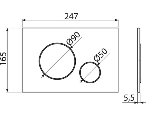 Technische Zeichnung einer Betätigungsplatte mit Abmessungen