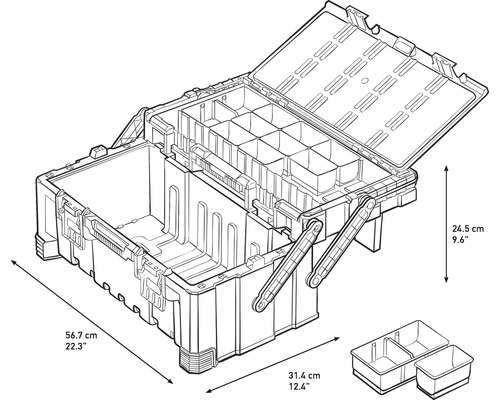 Geöffnete Werkzeugkiste mit Fächern und Abmessungen