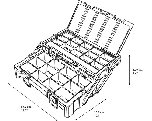 Offener Werkzeugkoffer mit mehreren Fächern und Größenangaben.