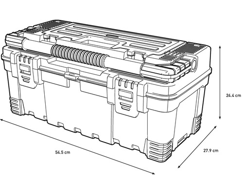 Abbildung einer Werkzeugbox mit den Maßen 54,5 cm Länge, 27,9 cm Breite und 24,4 cm Höhe