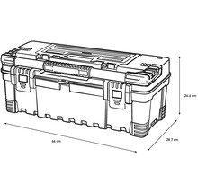 Illustration d'une boîte à outils mesurant 66 cm de long, 26,6 cm de haut et 28,7 cm de large.