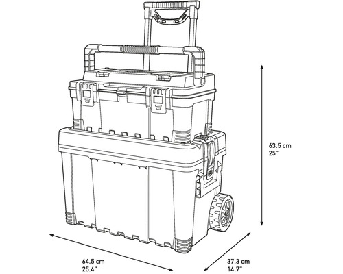Werkzeugkoffer mit Rollen und Teleskopgriff, Maße: 63,5 cm Höhe, 64,5 cm Breite, 37,3 cm Tiefe