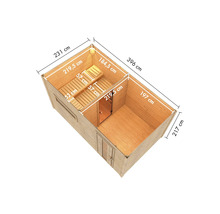 Draufsicht einer Sauna mit Maßangaben